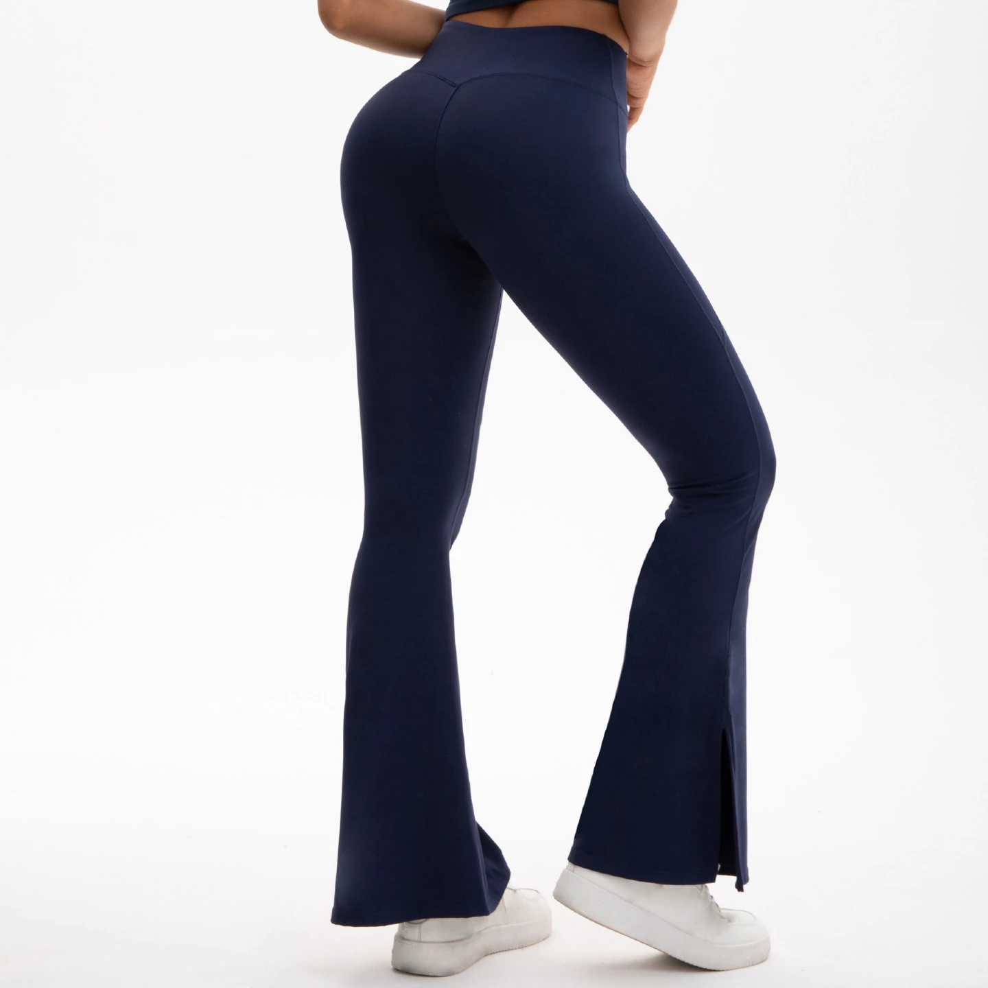 Designer Women's Flared Yoga Pants High-Waist Tummy Control Ankle-Slit Detail Navy Blue Athletic to Street Chic Wear