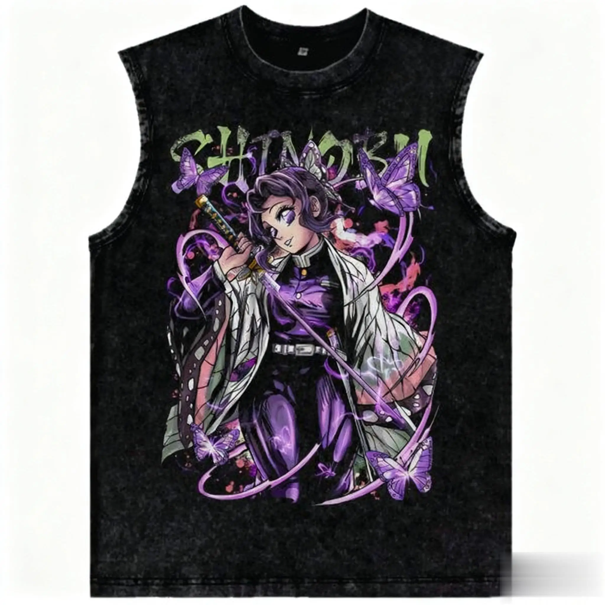 الشارع الشهير شيطان القاتل أنيمي سترة رياضية الرجال النساء أكمام التي شيرت خمر غسلها الجرافيك طباعة تانك القمم 2025 الصيف Harajuku #1