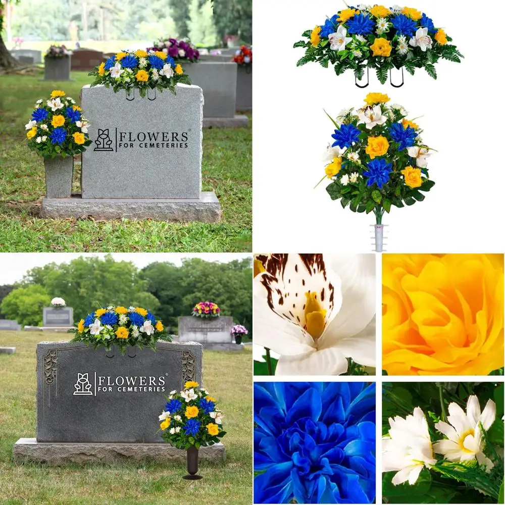 

Blue Dahlia, Yellow Rose, and White Orchid Cemetery Arrangement with Matching Bouquet