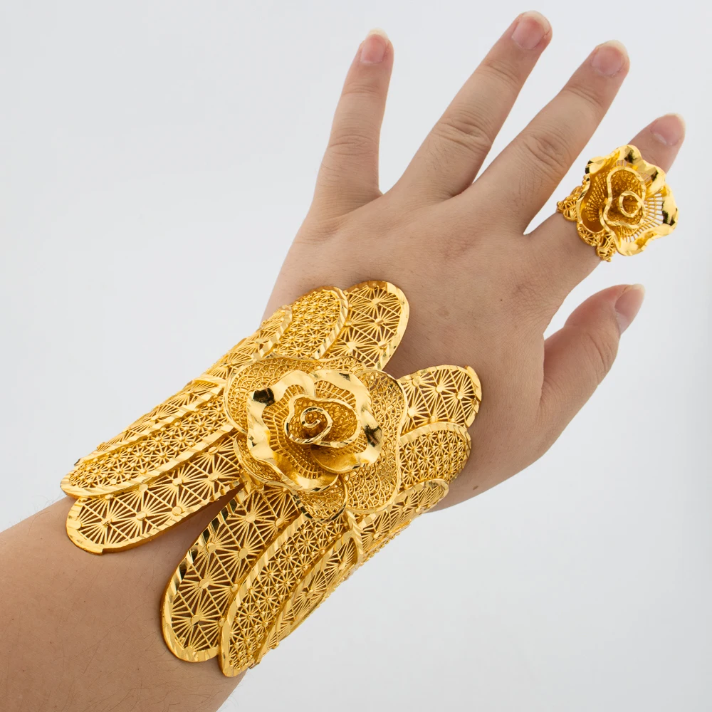 Exaggerate Gold Plated Jewelry Set for Women Dubai Large Size Cuff Bangle with Ring Weddings Jewelry Set African Accessories