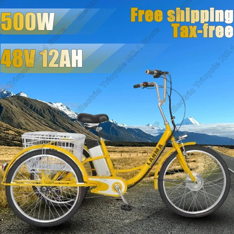 Electric Tricycle 24Inch FatTire Adult 300W48V12AH Removable Battery Electric Bicycle Large Storage Basket Leisure Elderly Cargo