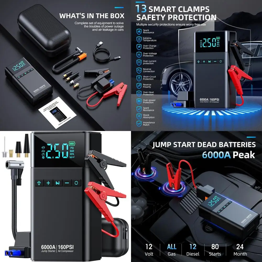

10-in-1 Portable Car Battery Jump Starter with Air Compressor, 6000A 160PSI Portable Car Jumper Starter (All Gas 12L Diesel), 12