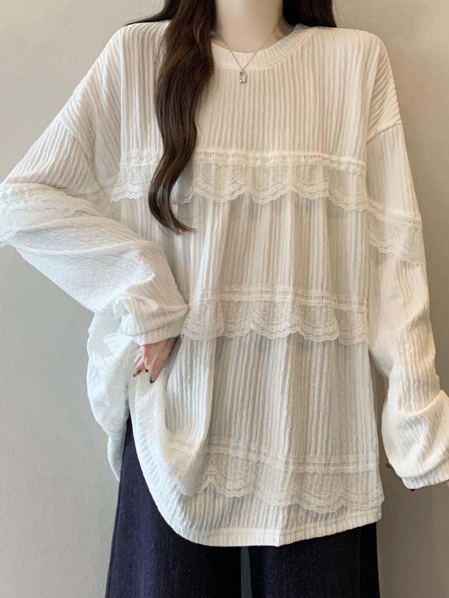 

White Lace Trim Long Sve T-irt Women's plus Size Spring New Sle Slimming Mid-Length Base irt Top Korean Sle Commute