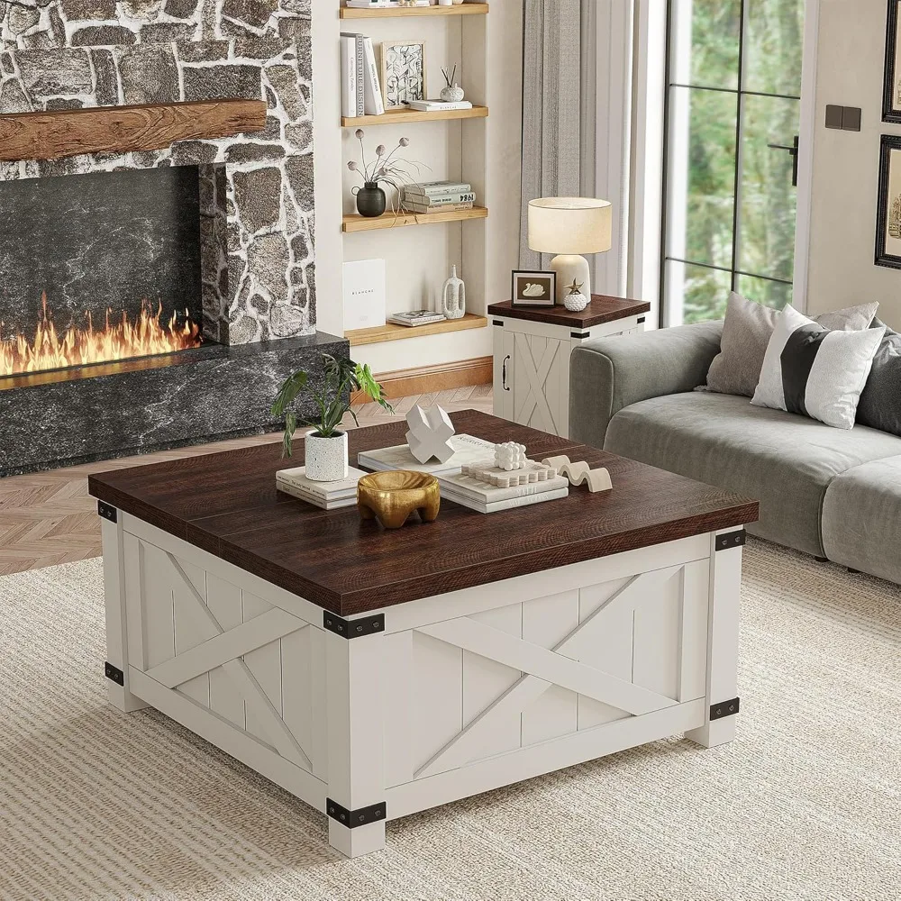 35.6" W Lift Top Coffee Table with Large Storage Space Farmhouse Coffee Tables for Living Room Wood Square Coffee Table