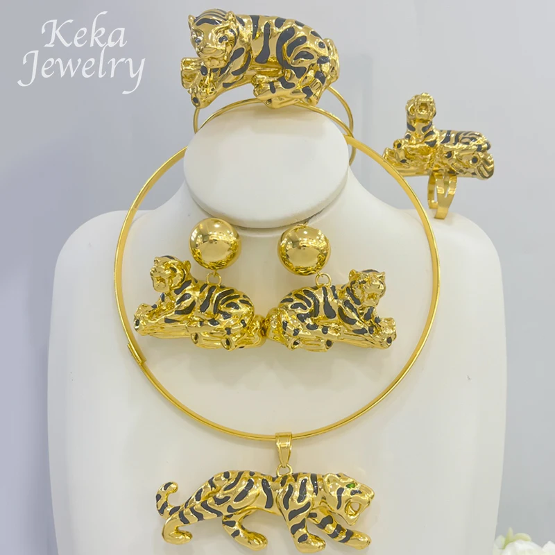 

Luxury Italian 24K Leopard Jewelry Set for Women Dubai Wedding Choker Necklace Bracelet Earring Set for Party Daily Wear Jewelry