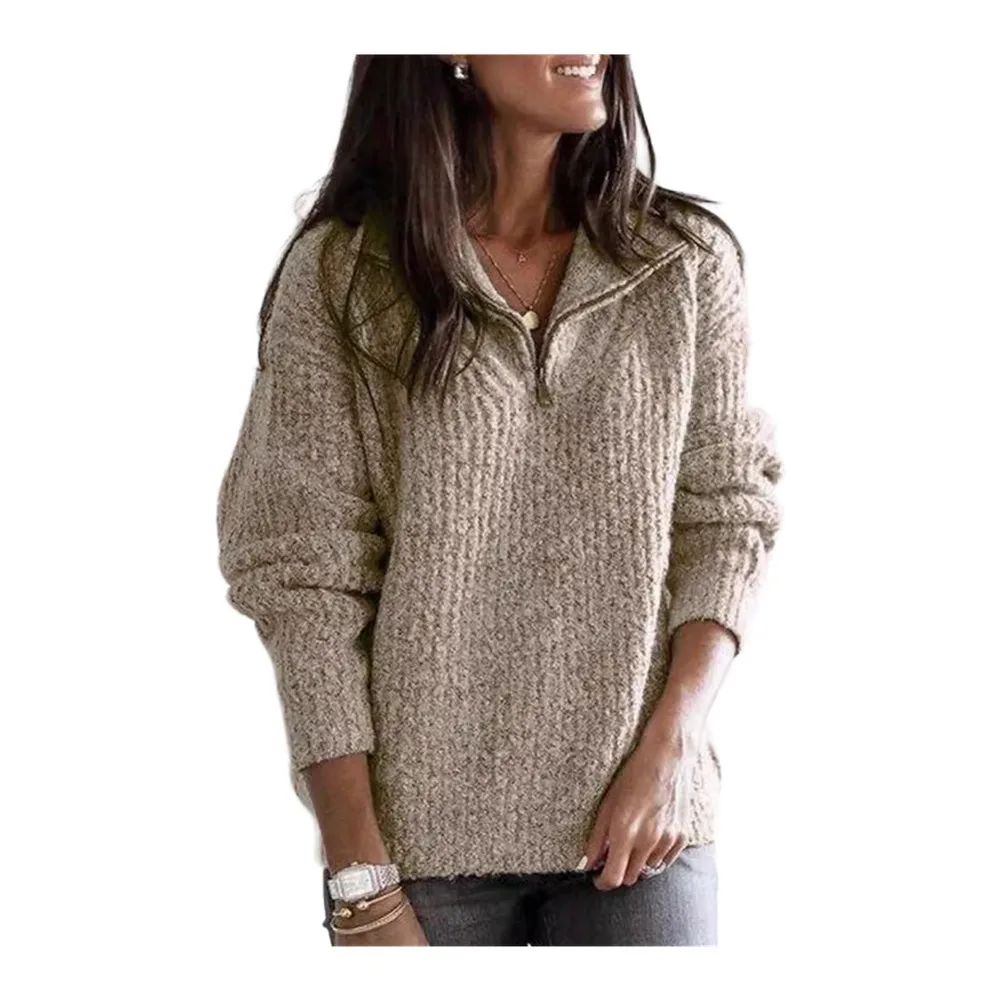 Casual Pullover Sweater with Lapel Collar Half Zipper Knitted Long Sleeves Solid Pattern for Women Suitable for Daily Wear