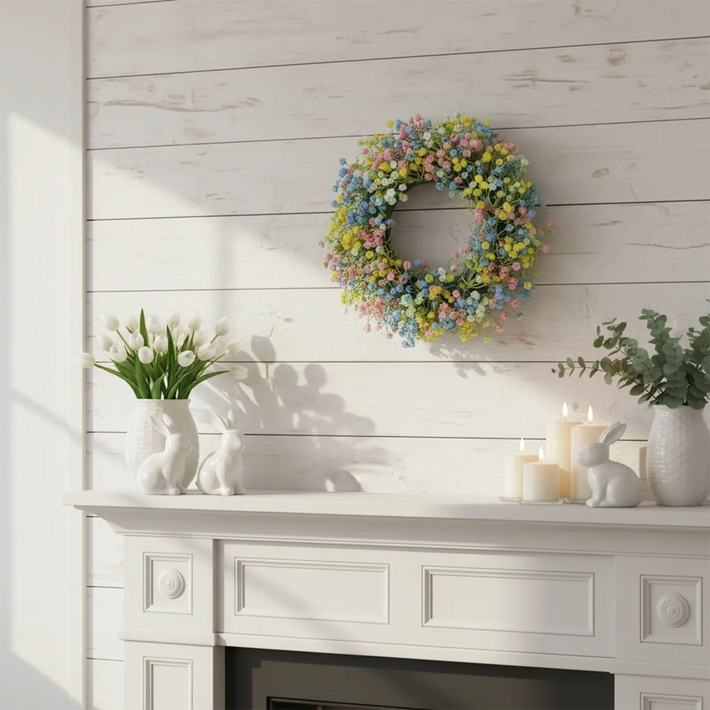 Long Lasting Decorative Wreath Easter Spring Door Wreath Yellow Easter Wreath Baby\'s Breath Florals Plastic And Woven Fabric