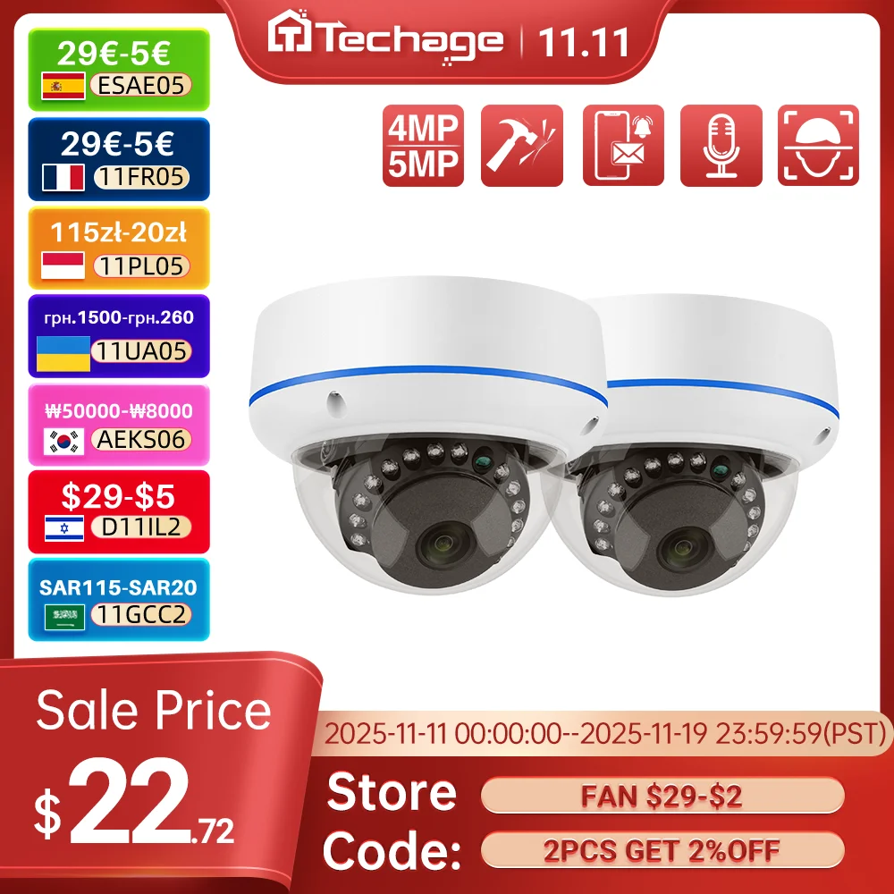 

Techage H.265 4MP 5MP Внутренняя купольная IP-камера 48V POE Одностороннее аудио Антивандальное стекло IPC P2P Видеонаблюдение видеонаблюдения