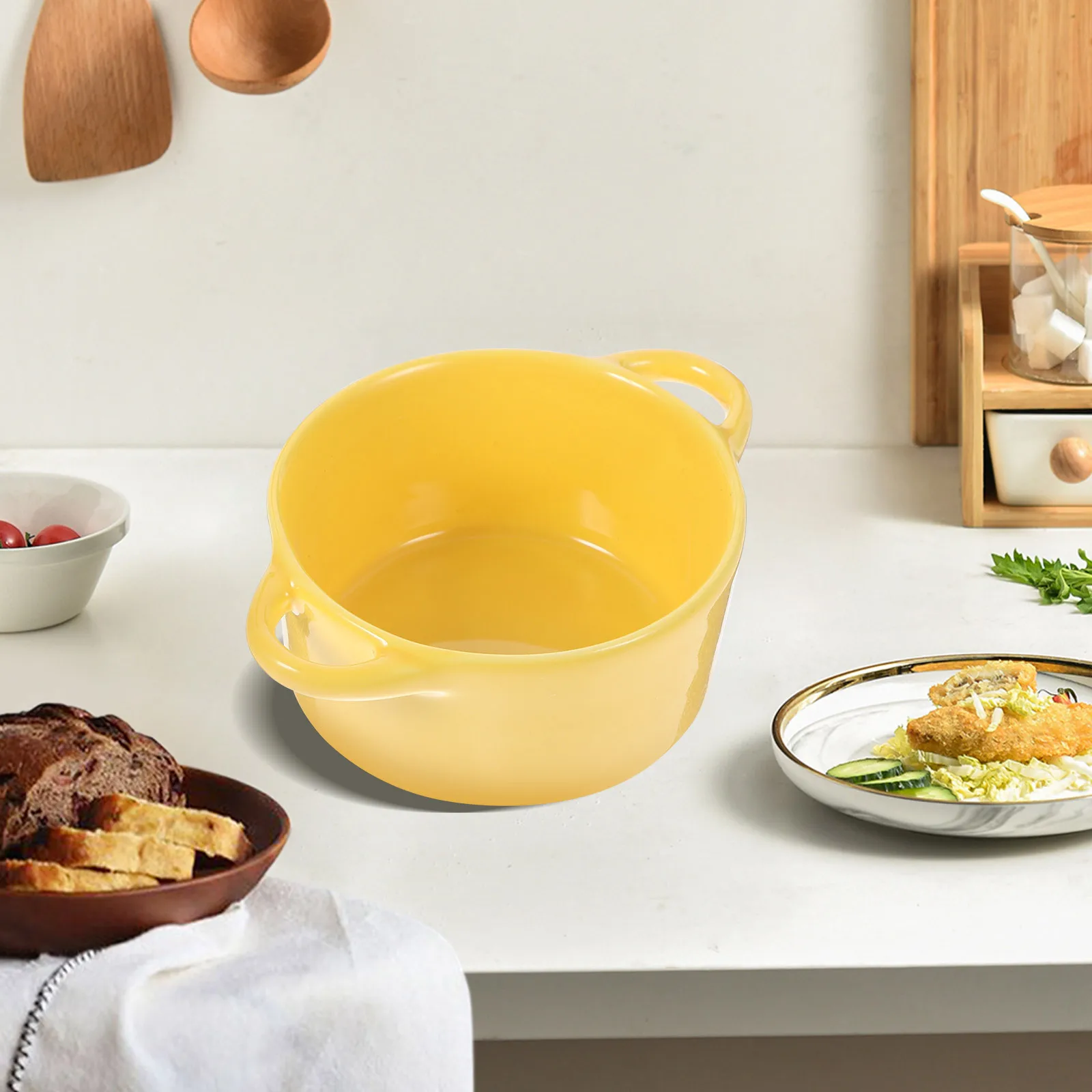 

Exquisite Ceramic Bowl Pudding Dessert Salad Multipurpose Handles Easy Clean Impermeable Stable Material Beautiful Practical