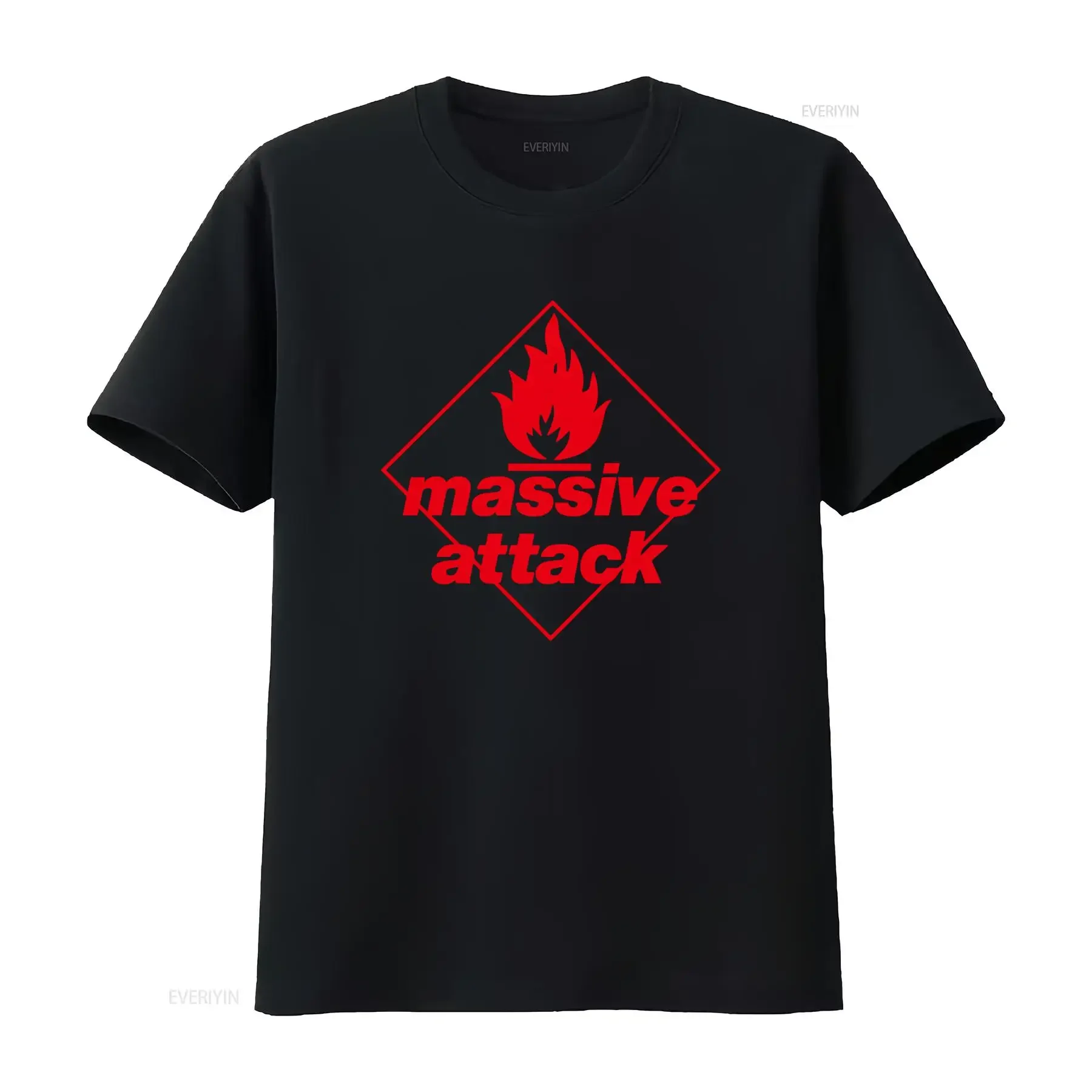Massive Attack Blue Lines Herren-T-Shirt mit Lizenzierung, Rock'n'Roll-Musikband, schwarzes T-Shirt mit Flammen-Logo, Vintage-Waschung, stilvolle Streetwear
