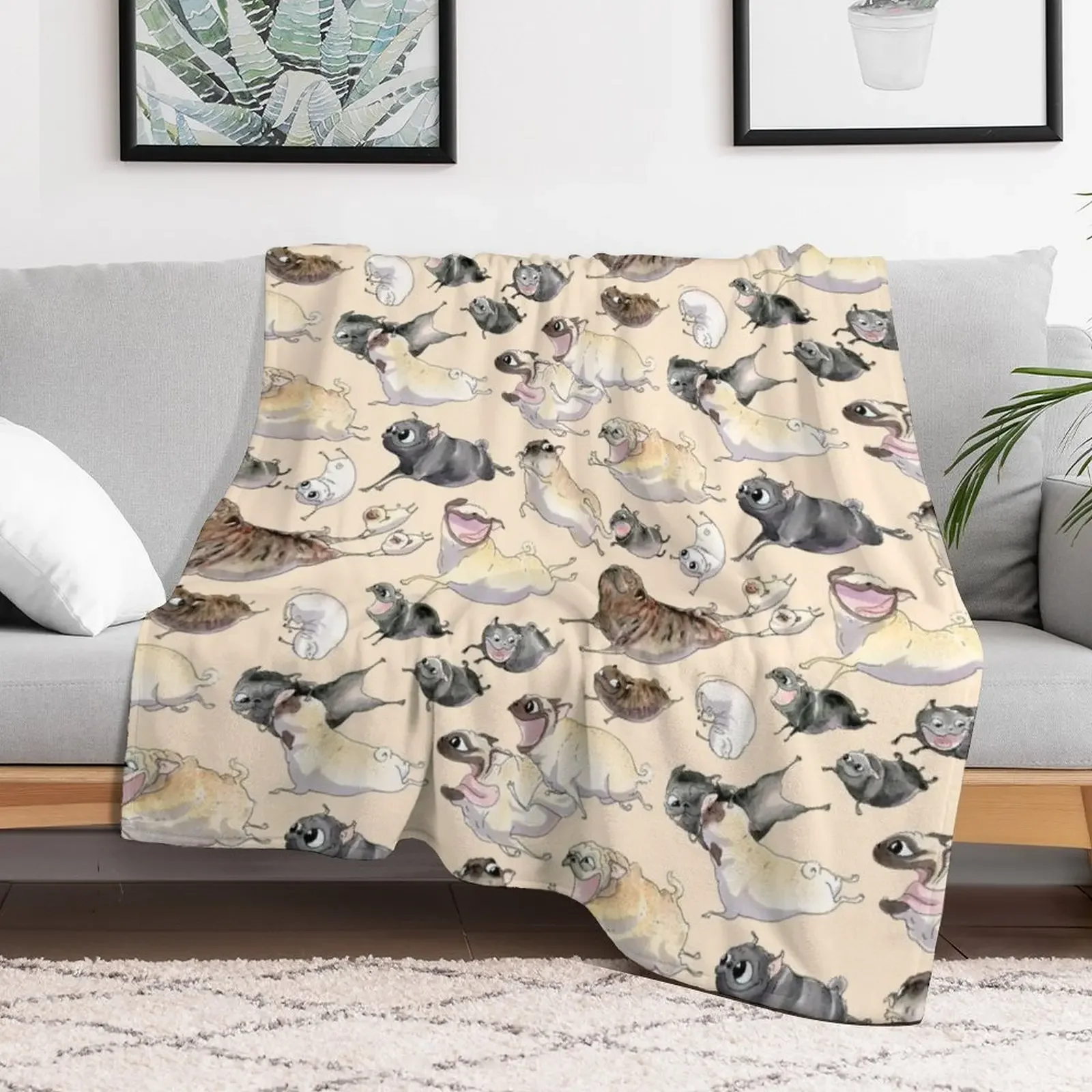 Pugs on the Run (straw background) Throw Blanket Bed linens Custom Beach Hairy Blankets