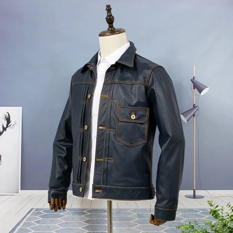 Shop Best.Classic casual 506 style natural leather coat.Men quality denim cowhide jacket.slim cloth.natural derme