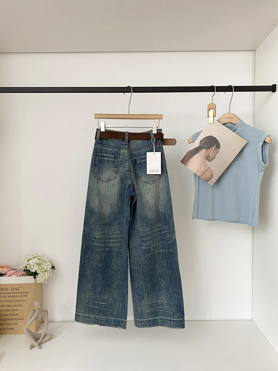 High Waist Wide Leg Denim Jeans Women's Retro Washed Color Personality Match High Waist Slimming Jeans Autumn New Arrival