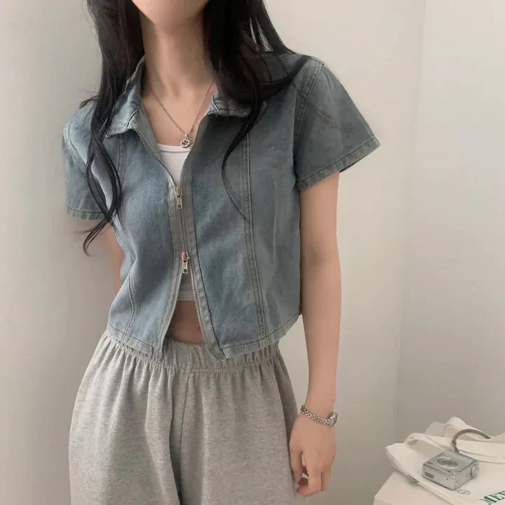 ort Sve Zipper Denim irt Jaet Women's Retro Hong Kong Sle Chic Faion Turn-down Collar Zipper Cardigan Top