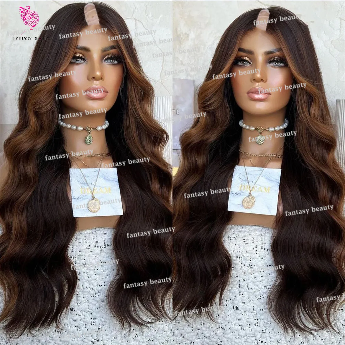 Ombre Chocolate Brown V Part Human Hair wig Body Wave U Shape Highlighter Gold Brown 1x4 Open lace 100% Human hair wig Full End