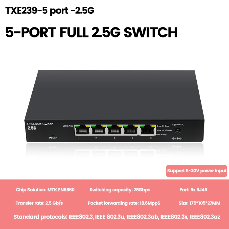 KAYSUS 2.5G 5 port Network Switch 5ports ethernet switch RJ45 hub 2500Mbps Unmanaged Homelab Desktop Wall Mounted Network Switch