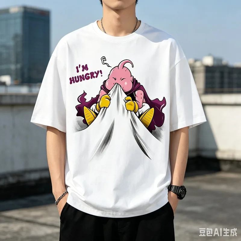 2026 Summer Dragon Ball Majin Buu Vintage Anime T-shirt Men's Pure Cotton Casual Loose Sports Daily Top