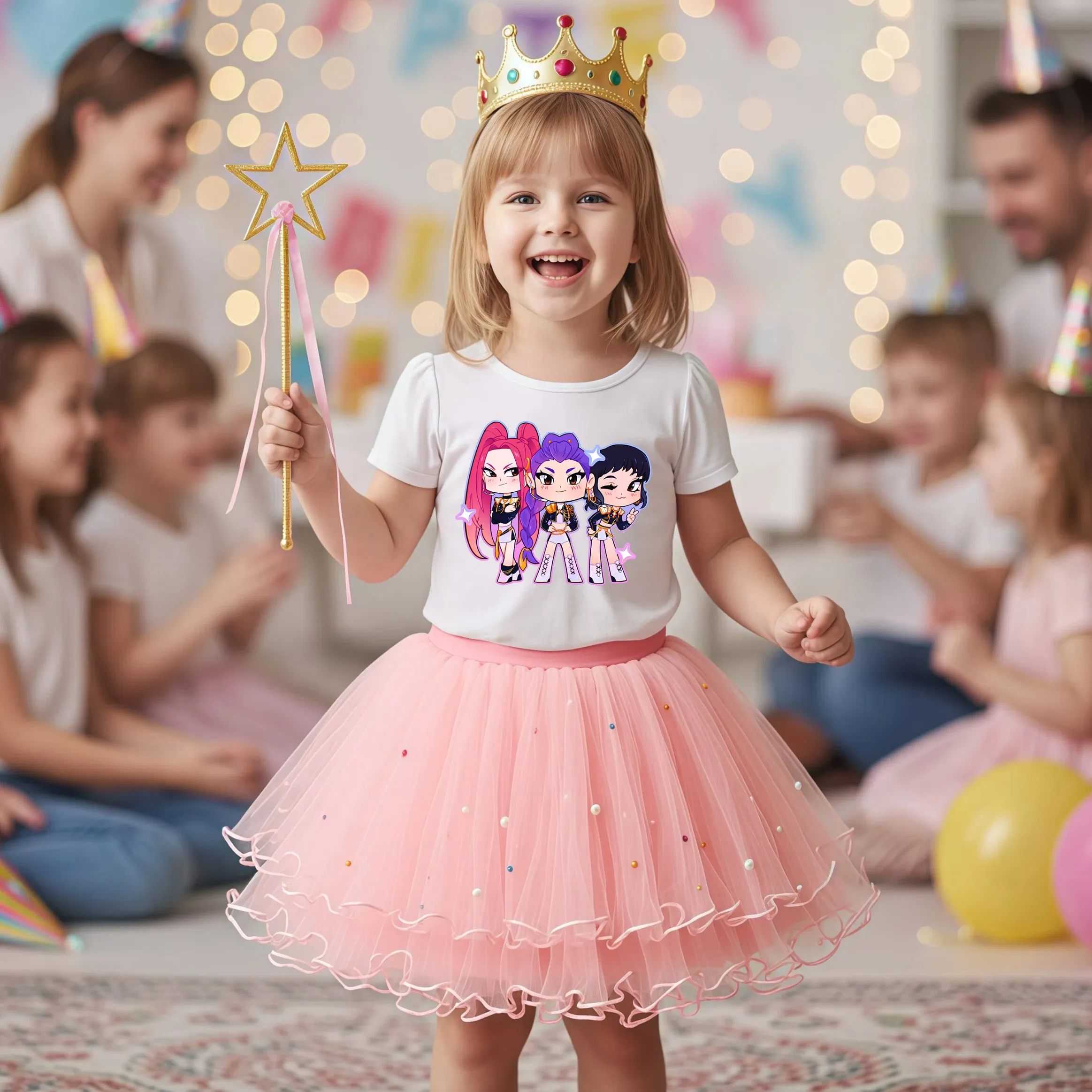 KPop Demon Hunters 2 unids/set vestido de niña vestido de fiesta de princesa para chico camiseta + falda tutú trajes de verano ropa de noche de cumpleaños regalo