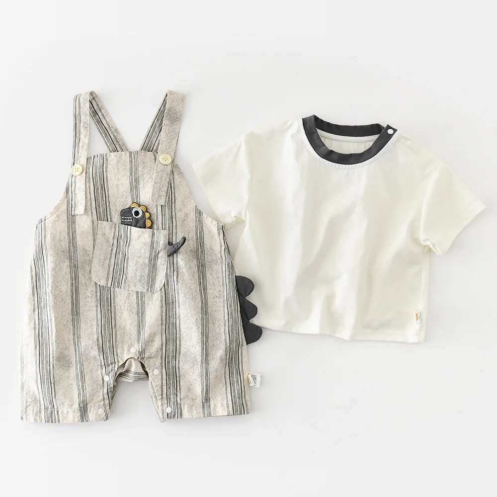 

Летние комплекты детской одежды в корейском стиле для мальчиков: очень милые и стильные, с мультяшными динозаврами, 2-х предметный комплект с брюками на подтяжках