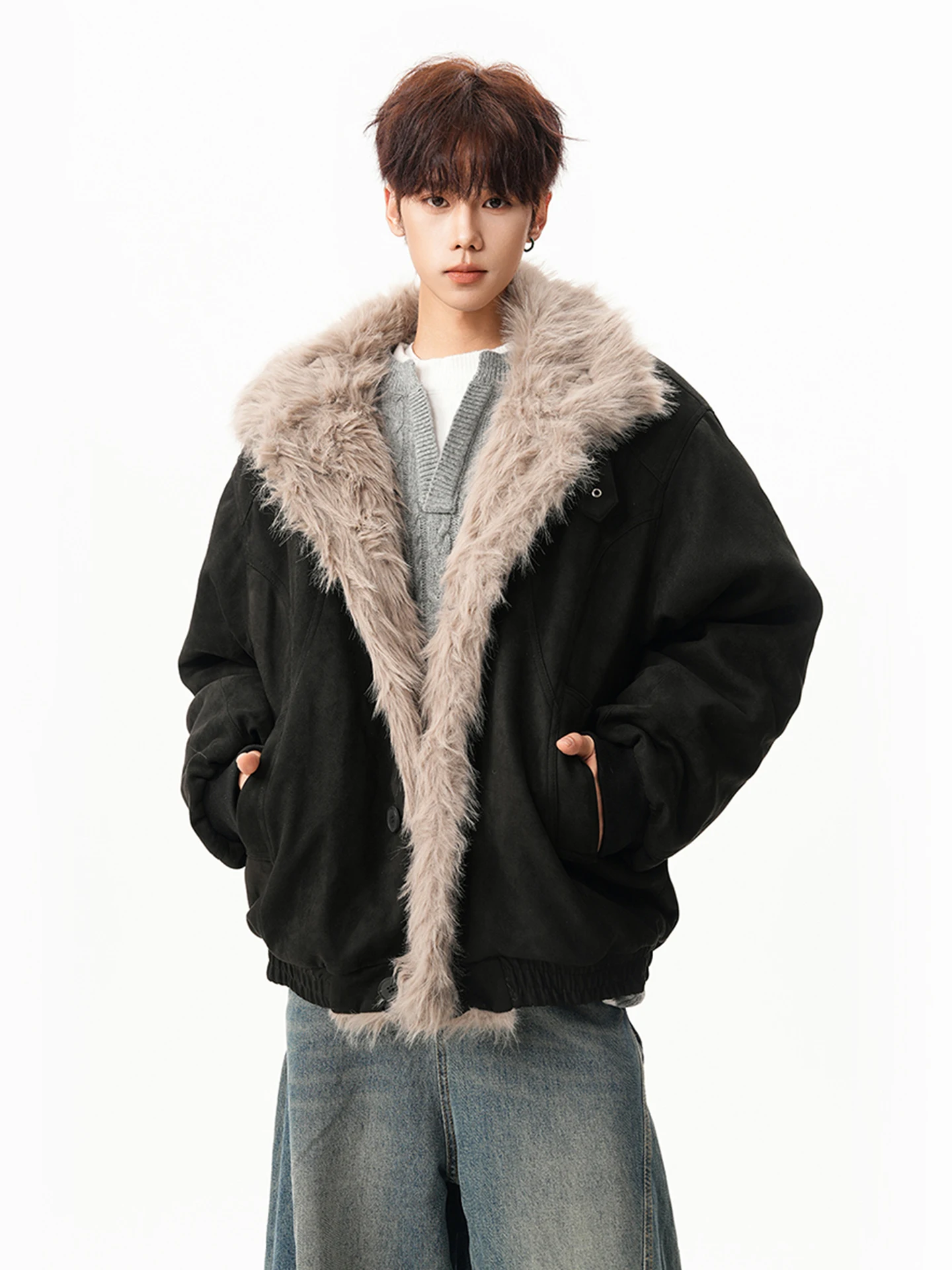 Men Women 2025 Winter New High-End Warm Thickened Couple Parkas Retro Fashion Faux Fur Collar Coats Solid Color Parkas Jackets