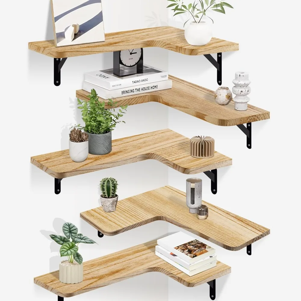 

угловые плавающие полки, набор из 5 плавающих угловых полков настенная, настенная полка для хранения декора, деревянная витрина для дома