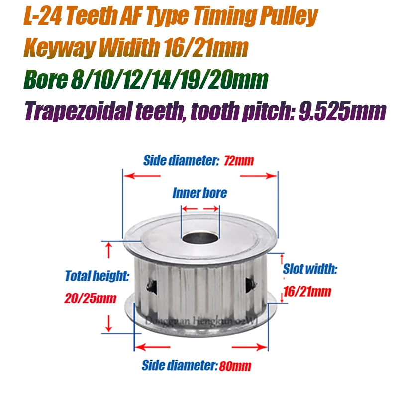 

Timing Pulley L-24 Teeth Pitch 9.525mm AF-type With Keyway Drive Pulley Width16/21mm Bore 8/10/12/14/15/17/19/20mm L Rubber Belt