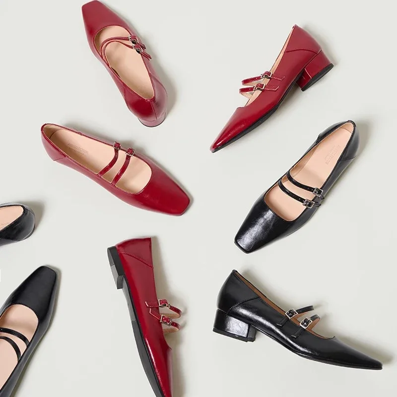 Zapatos Mary Jane de primavera 2024 para mujer, zapatos de bailarinas rojas elegantes con punta cuadrada poco profunda y tacón alto para mujer