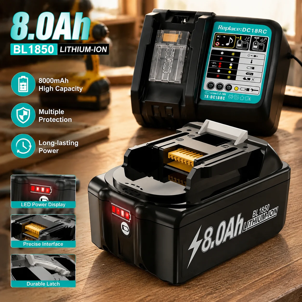 

18V 8.0Ah Li-ion Battery For Makita 18V Tools BL1830 BL1840 BL1850 BL1860 Replacement Power Tool Battery