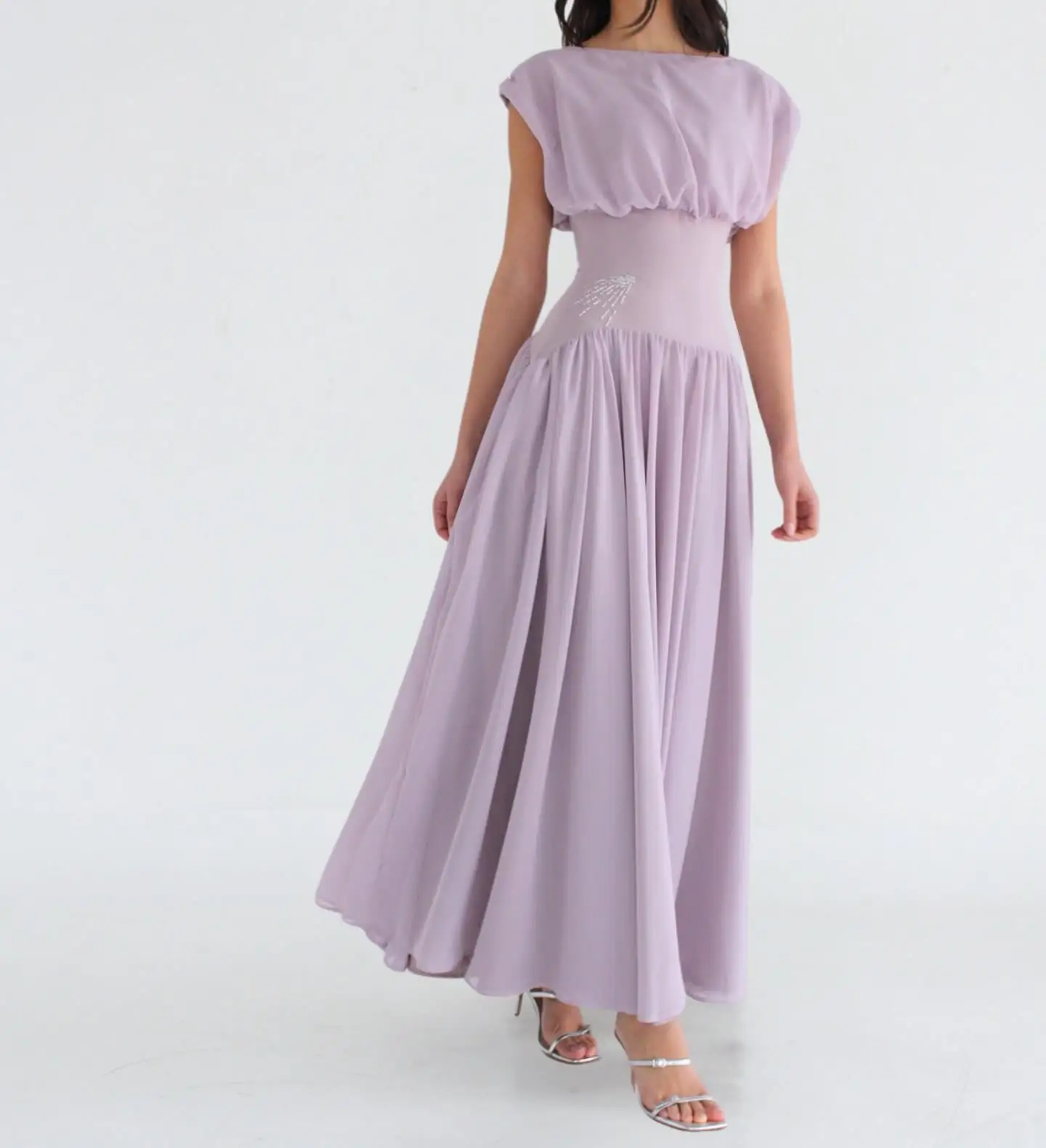 Customized Modern Crew Neck Sleeveless Beading Evening Dress Temperament Pleats Chiffon Purple Robe de soirée Vestido De Festa