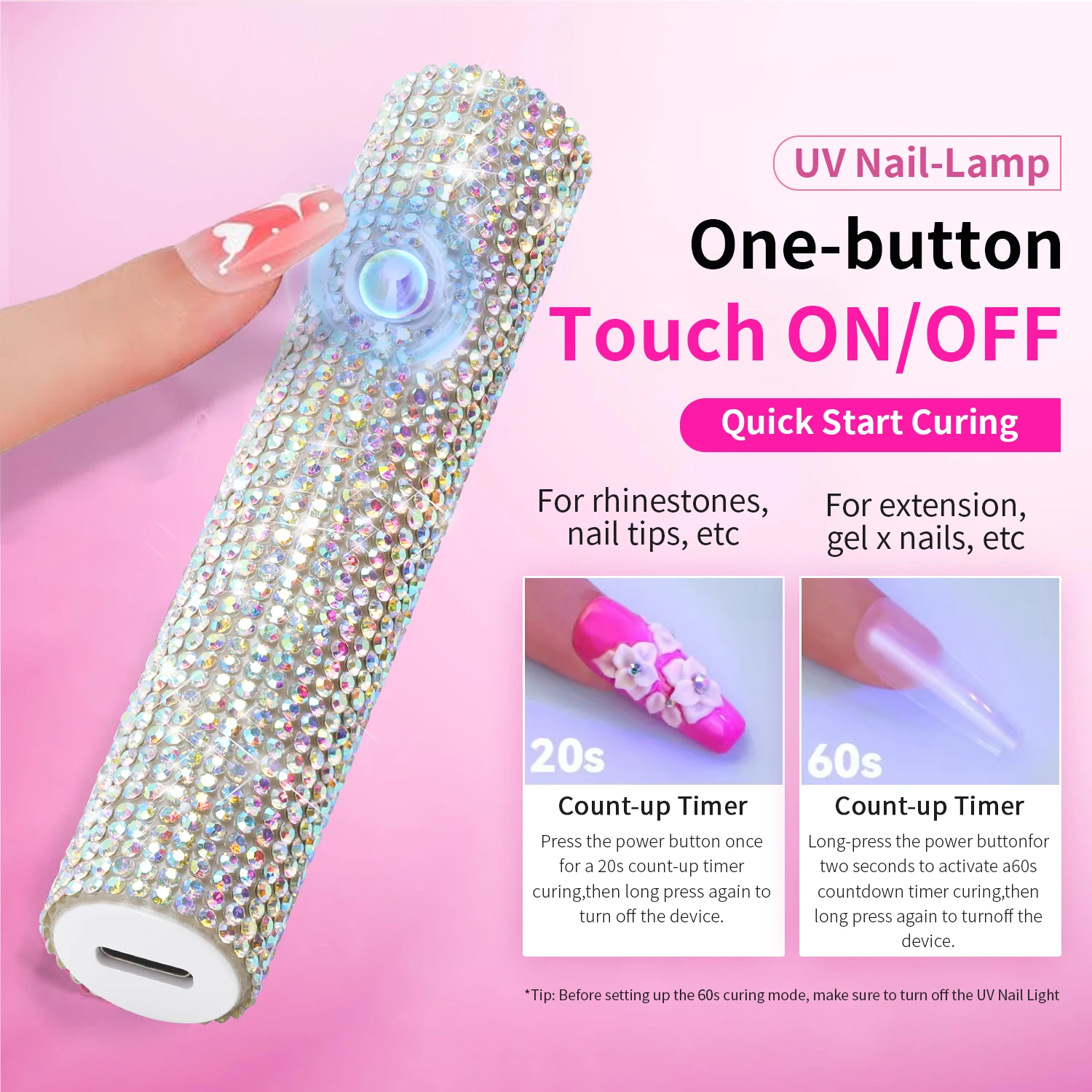 Lampe à ongles UV portative en strass, réglage à 2 minuteries (20s/60s), batterie de 250 mAh pour une utilisation en 15 jours, sèche-ongles en gel rechargeable portable