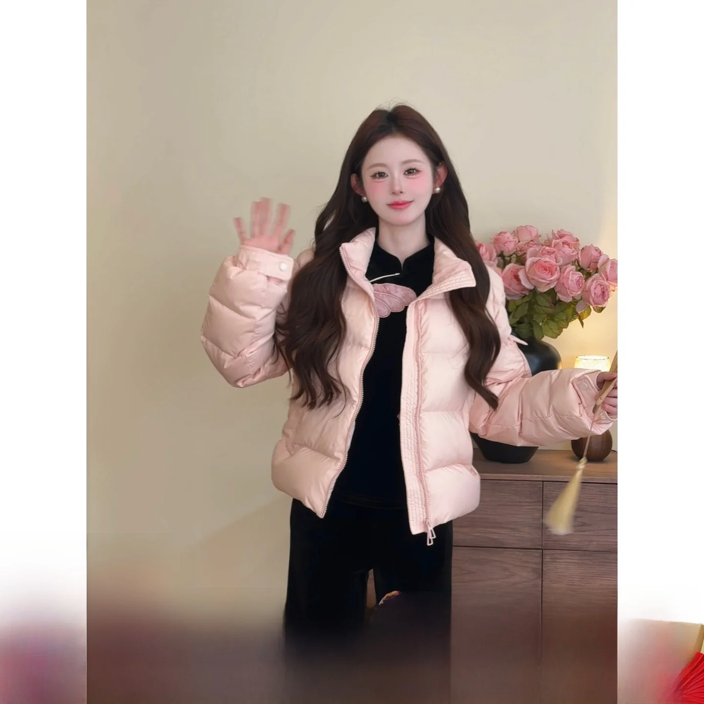 

Pink Bread Sle down Jaet 90 White Du Feather ort Zipper Coat Versatile Warmth Ladies Faion mat Design