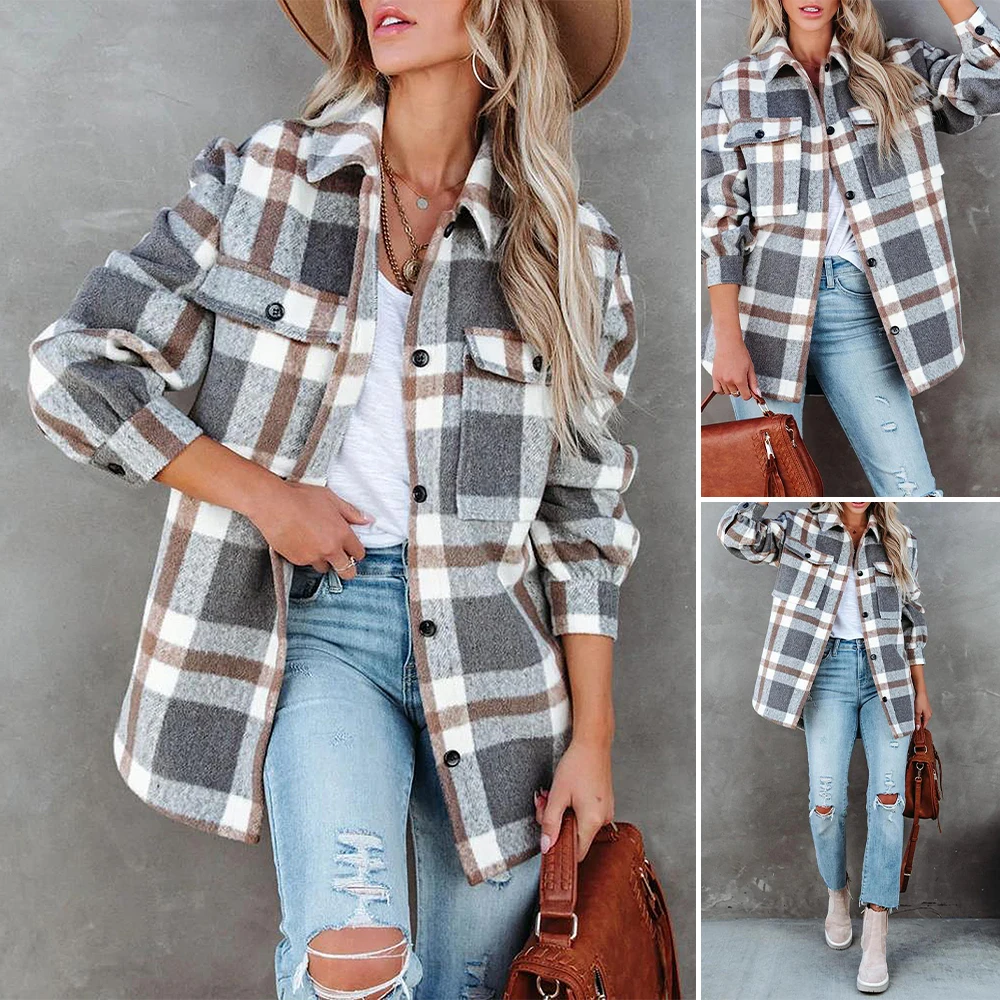 

Women's Coats Winter Fashion Comfortable Decent 2025 Plaid Button Youthful Open Front Long Sleeve Street Daily Coats