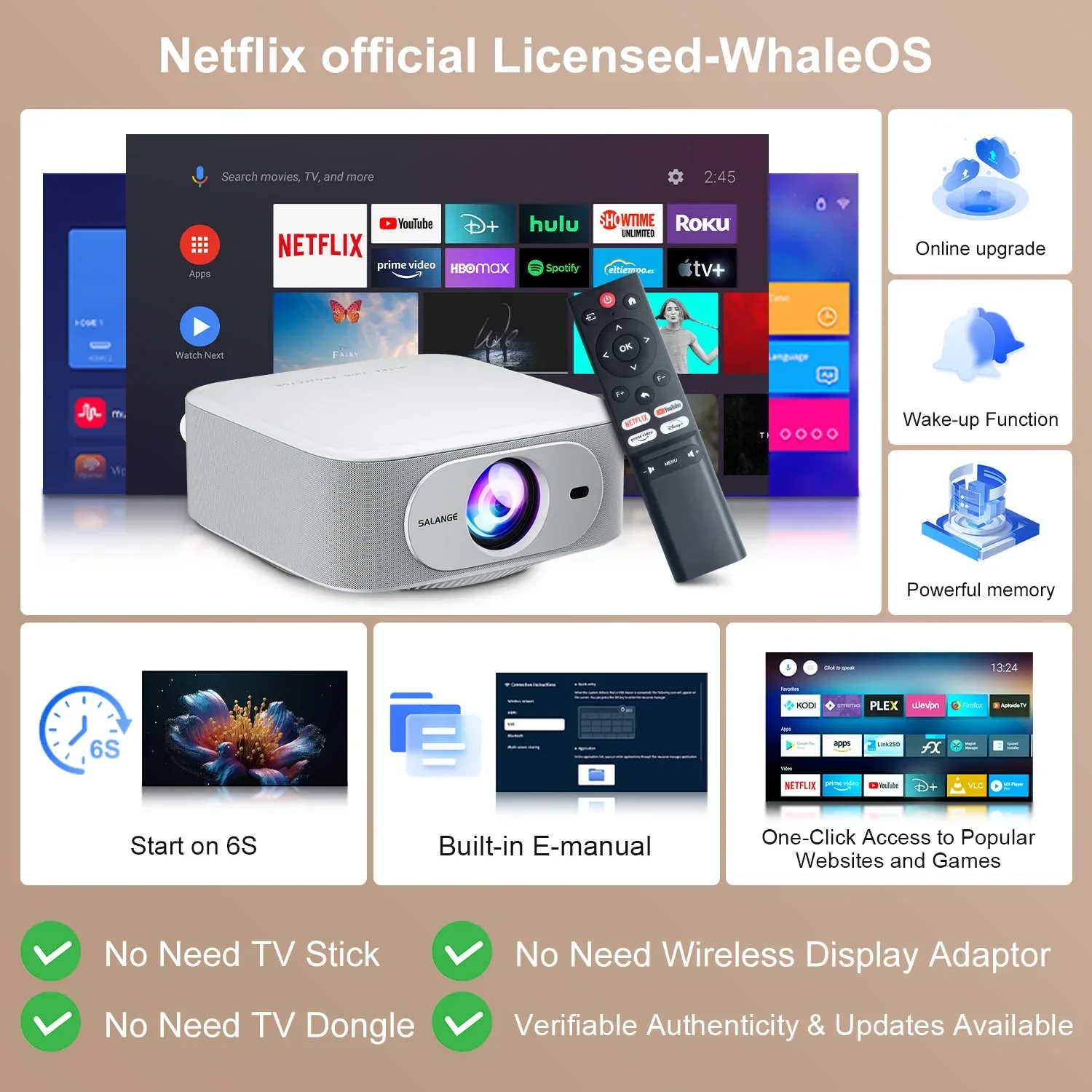 جهاز عرض Salange الرسمي Netflix الأصلي 1080P 4K جهاز عرض Android 13، WiFi Bluetooth 5.2 التركيز الإلكتروني والتصحيح التلقائي