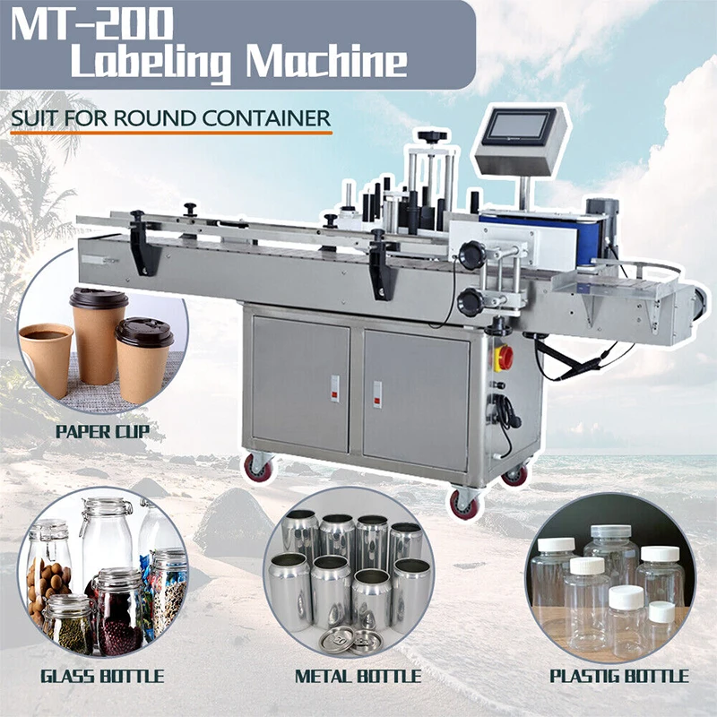 آلة وضع العلامات اللاصقة الجافة ذات الزجاجات المستديرة الأوتوماتيكية MT-200 مع التحكم PLC لجرة النبيذ الزجاجية للمشروبات وتعبئة صلصة التجميل