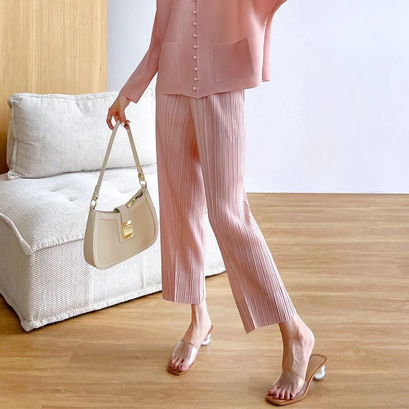 

Women's High Waist Pleated Pants Elastic Waist Slim Fit Straight Leg Casual Style Fashion Set Spring Summer High Waist