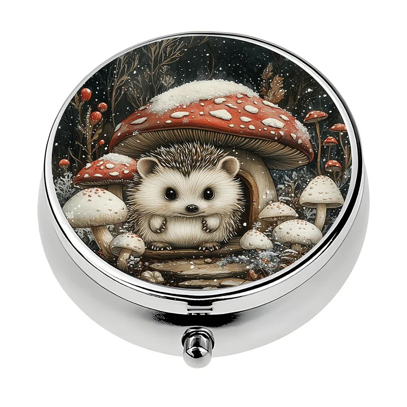 1 hedgehog-shaped metal pill box with 3 compartments - Winter forest mushroom and snowflake capsule storage box, cute hedgehog design pill box, portable mini pill box, unique gift idea