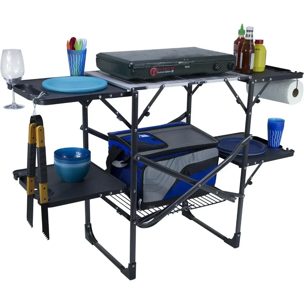 

Outdoor Table with A Heat Resistant Tabletop, 4 Side Tables & Storage Rack, Perfect for Picnics & Camping Trips