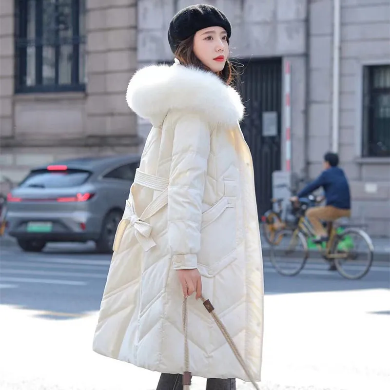 

Down Jacket Women's 2022 New Hooded Large Fur Collar Thickened White Duck Down Long Slim With Belt Jacket casaco teddy femenino