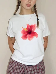 Flower Printed T-shirt Cotton Polynesian Hibiscus Monstra Tshirt Fashionable Women's T-shirt Harajuku Street Clothing