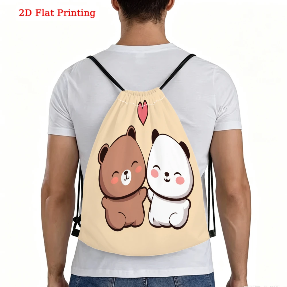 Cartoon 2D Bear And Panda Print Drawstring Backpack for Fitness Sports Outdoor Travel