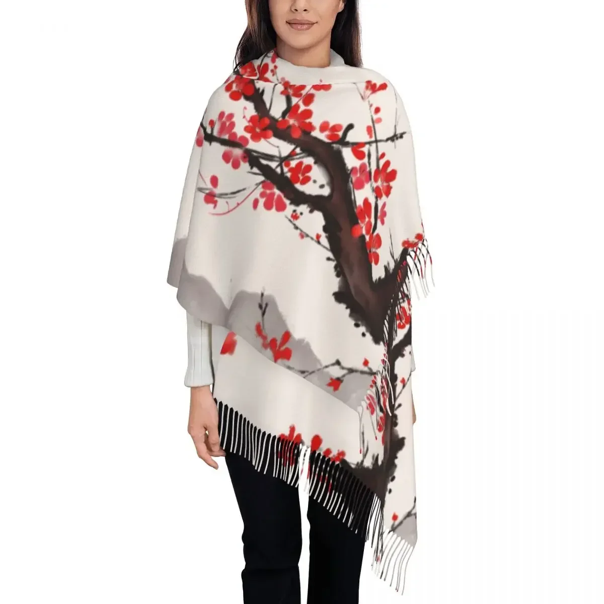 

Cherry Blossom Japanese Style Tassel Scarf Women Soft Sakura Floral Flowers Shawl Wrap Ladies Winter Fall Scarves