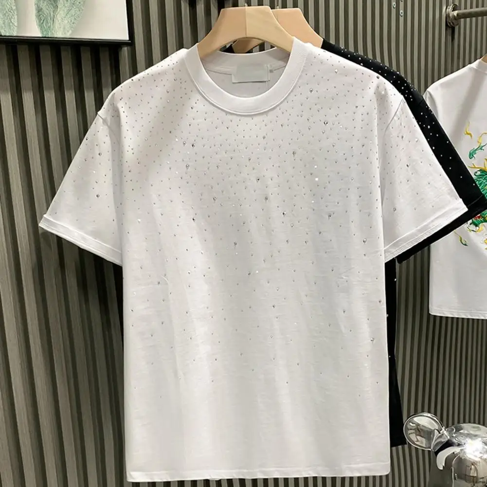 Round Neck Men Top Men's Rhinestone Decor Round Neck T-shirt for Summer Wear Loose Fit Short Sleeve Sport Top for Activities Men