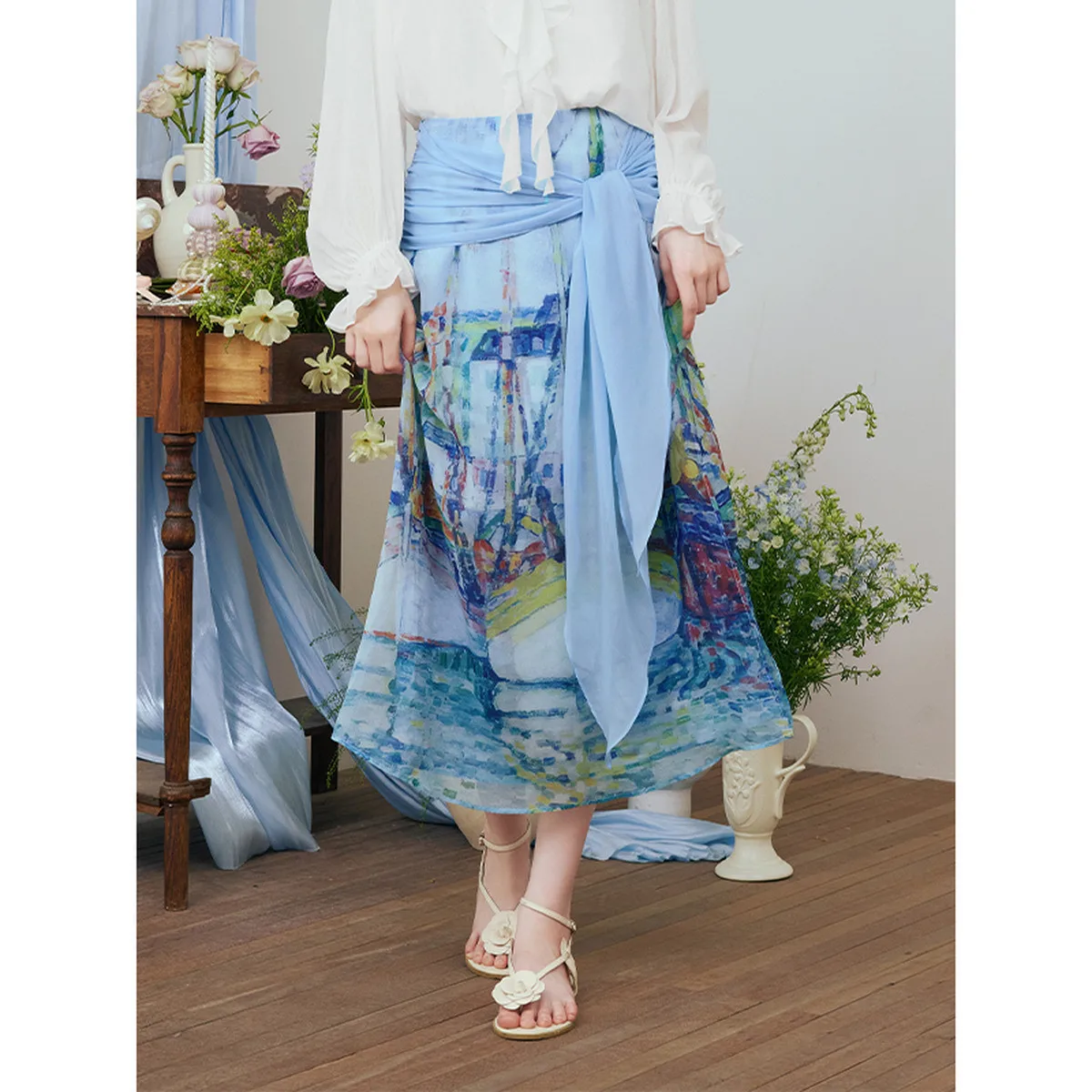 

Summer Classy Haitaosheng Retro Double-Layer Strappy High-Waist Long Skirt