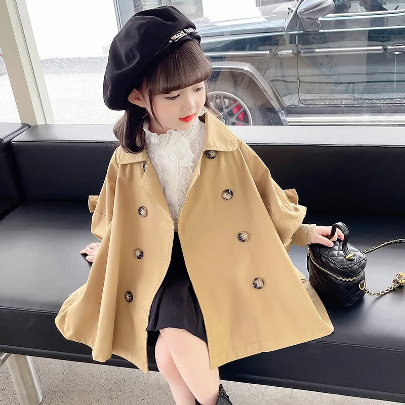 Spring Autumn Children's Outerwear Double Breasted Girl Long Coat Trench Toddler Baby Jacket Ruffle Sleeve Kids Clothes 2-9Y