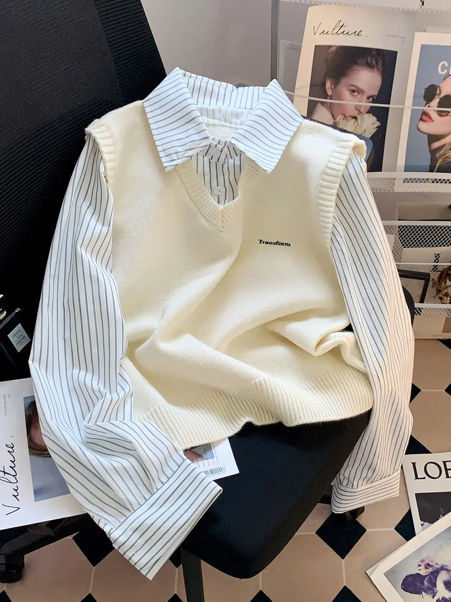 

Early Autumn New Stripe Sweater Vest Fake Two Piece Splicing Shirt for Women Inner Style Stacked Knitted Vest Top Outer Blouse