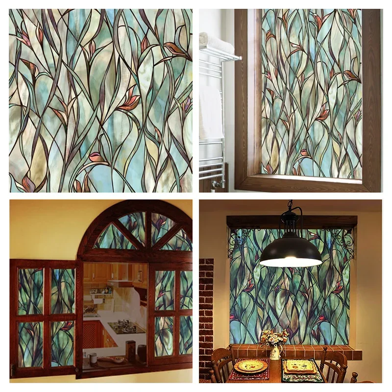 Fenster-Sichtschutzfolie, selbstklebende Folie, statisch haftend, 3D-dekorative Blumen-Fensterfolie, gebeiztes Vinyl, Glas,