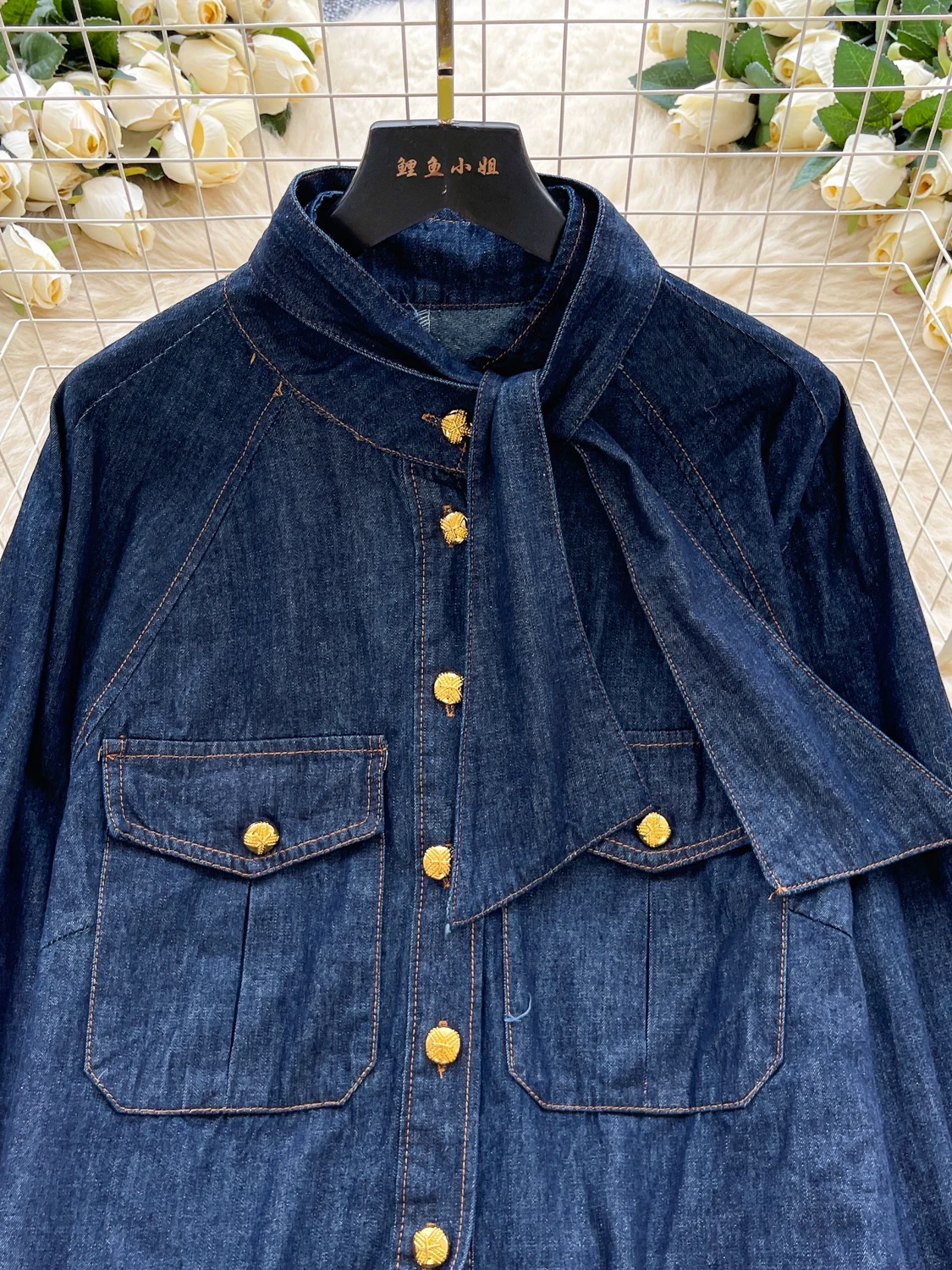 Casual Chic Women's Loose Fit Denim irt Autumn Faion Belted Slimming Metal Bule Long Sve Top Comfortable Leisure Sense