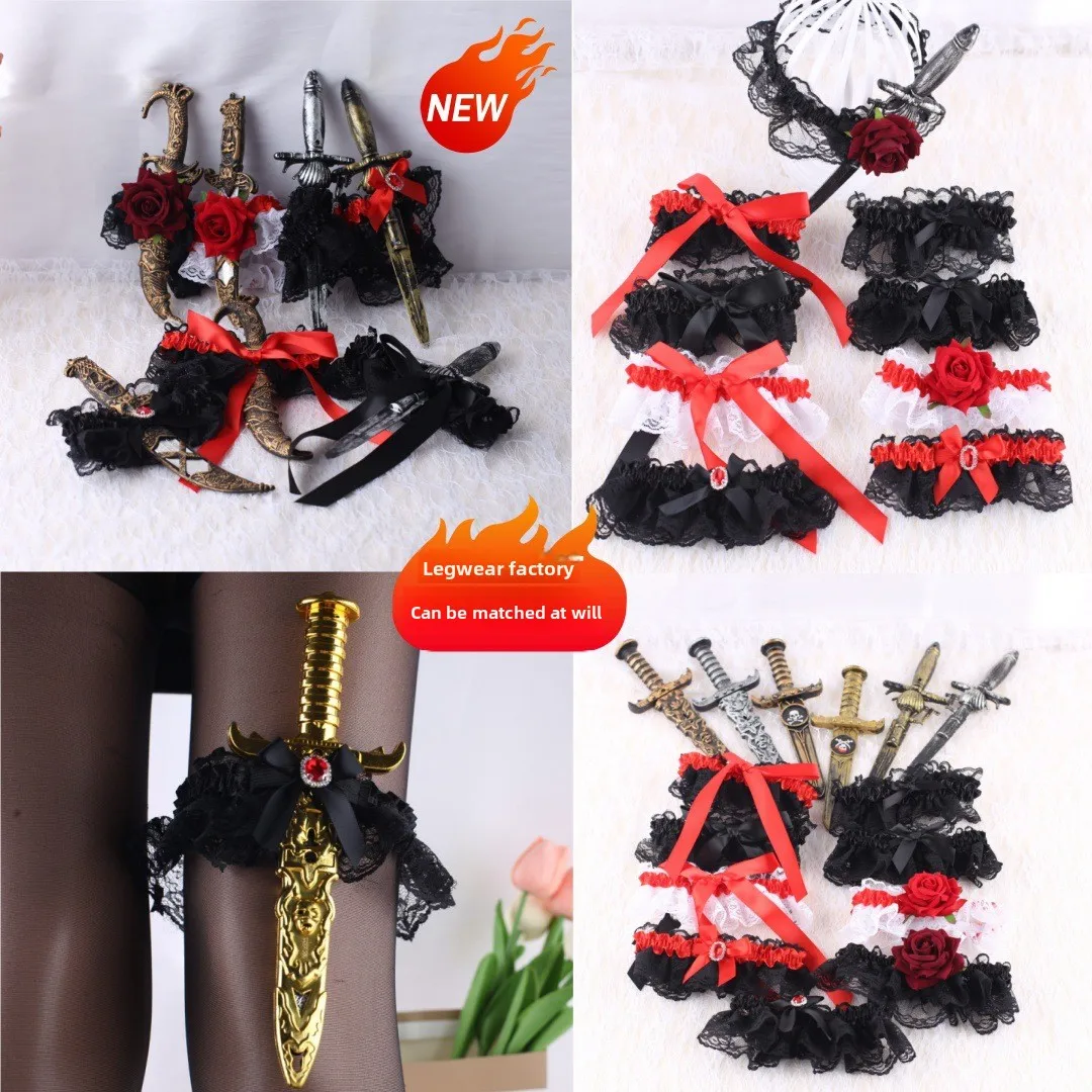 Women Black Lace Thigh Garter Set With Plastic Knife Prop Halloween Party Cosplay Stage Performance Dress‑up Accessory