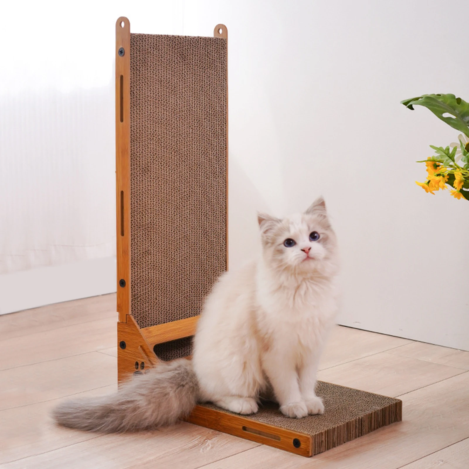 Vertical Cat Scratcher with Hanging Toy Ball, Cardboard Scratch Pad Scratching