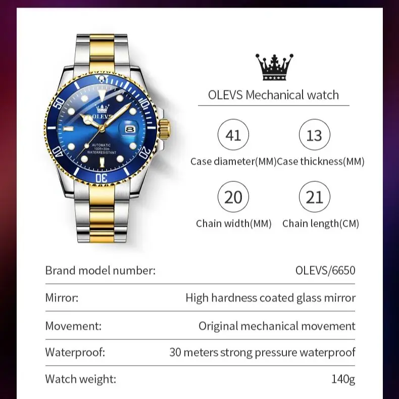 OLEVS 6650 Men's Watches Business Dress High end Wristwatch Man Stainless steel Waterproof Date Luminous Automatic Watch Men